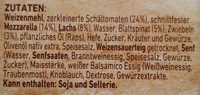 Original Wagner Steinofen Pizza Lachs Spinat 350 g, ingredients of pack