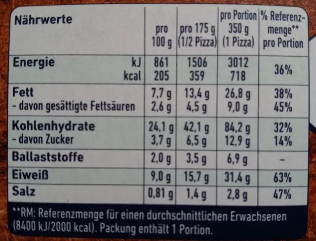 Original Wagner Steinofen Pizza Lachs Spinat 350 g, nutrition of pack