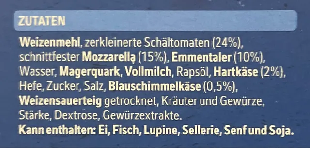 Original Wagner Steinofen Pizza Käse Quartett 350 g, ingredients of pack