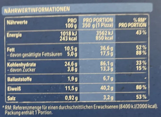 Original Wagner Steinofen Pizza Käse Quartett 350 g, nutrition of pack