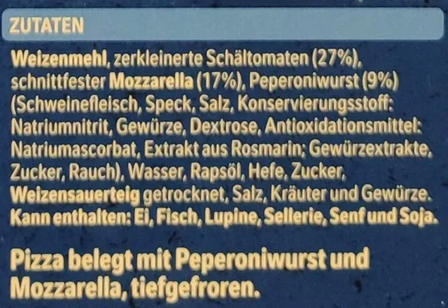 Original Wagner Steinofen Pizza Peperoni 320 g, ingredients of pack