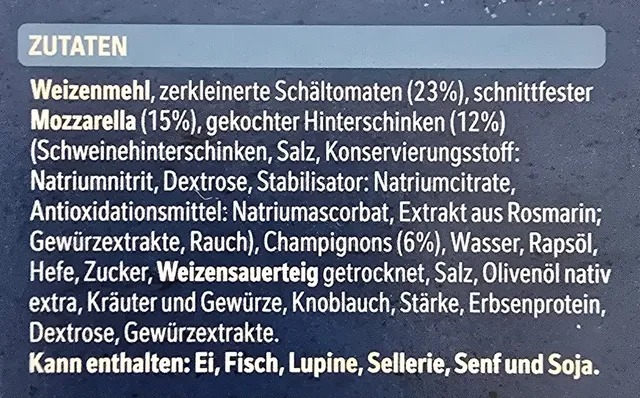 Original Wagner Steinofen Pizza Schinken 350 g, ingredients of pack
