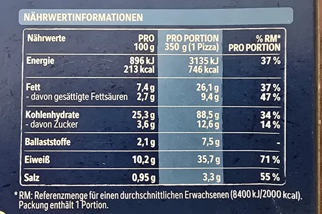 Original Wagner Steinofen Pizza Schinken 350 g, nutrition of pack
