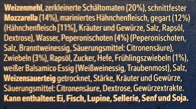 Original Wagner Steinofen Pizza Chicken 350 g, ingredients of pack