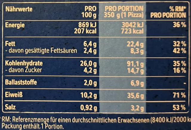 Original Wagner Steinofen Pizza Chicken 350 g, nutrition of pack
