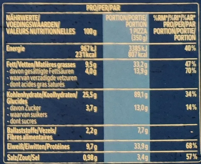 Original Wagner Steinofen Pizza Diavolo 350 g, nutrition of pack