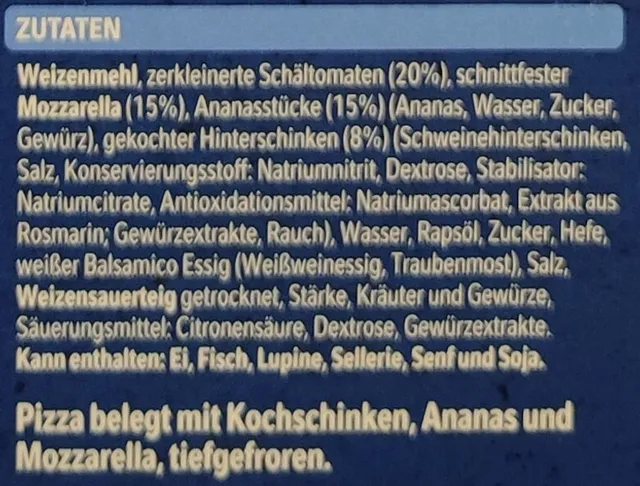 Original Wagner Steinofen Pizza Hawaii 380 g, ingredients of pack