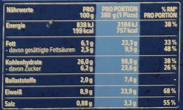Original Wagner Steinofen Pizza Hawaii 380 g, nutrition of pack