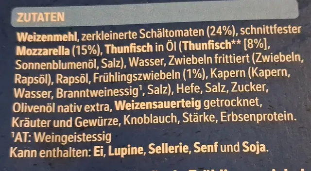 Original Wagner Steinofen Pizza Thunfisch 360 g, ingredients of pack