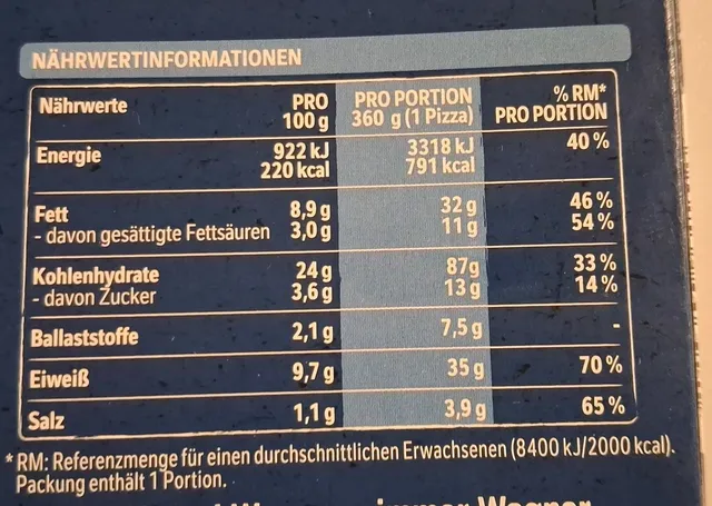 Original Wagner Steinofen Pizza Thunfisch 360 g, nutrition of pack