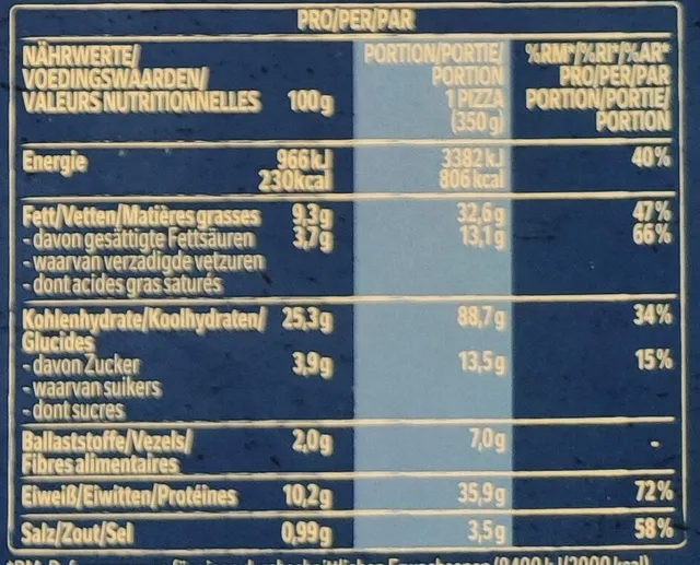 Original Wagner Steinofen Pizza Mozzarella 350 g, nutrition of pack