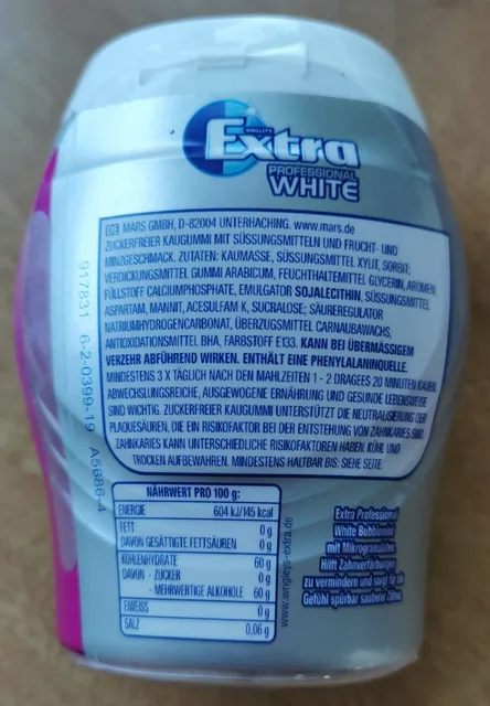 Wrigley's Extra Professional White Bubblemint 50 Dragees, ingredients of pack