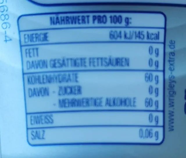 Wrigley's Extra Professional White Bubblemint 50 Dragees, nutrition of pack