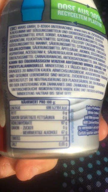 Wrigley's Extra Professional White Erdbeere 50 Dragees, back of pack