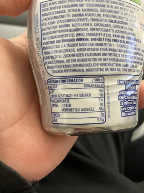 Wrigley's Extra Professional White Bubblemint 50 Dragees, nutrition of pack