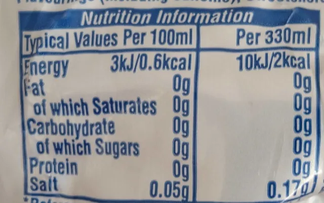 Diet Pepsi 12 x 330 ml, nutrition of pack