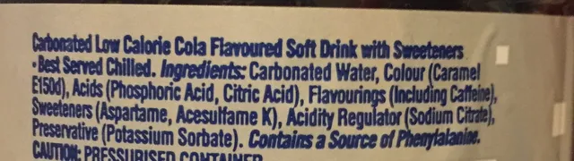 Diet Pepsi 1.25 L, ingredients of pack