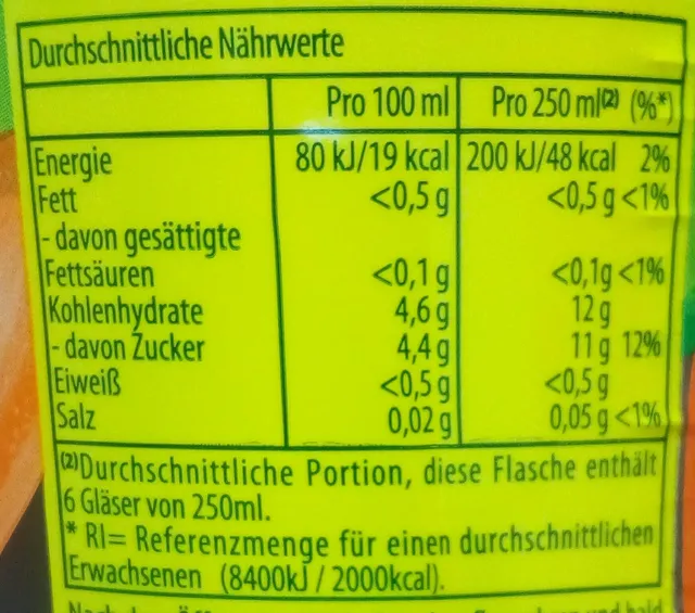 Lipton Peach Ice Tea Weniger Zucker 1.5 L, nutrition of pack