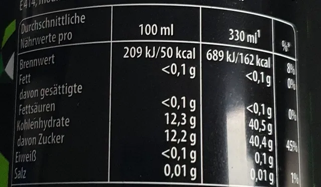 Mountain Dew 330 ml, nutrition of pack