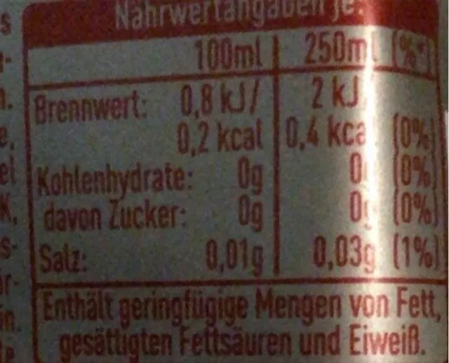 Coca-Cola light 500 ml, nutrition of pack