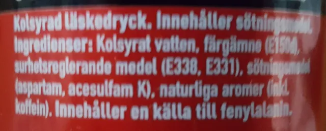 Coca-Cola Zero Sugar 330 ml, ingredients of pack