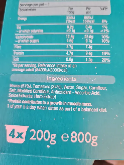 Heinz Beanz Snap Pots 4 x 200 g, ingredients of pack