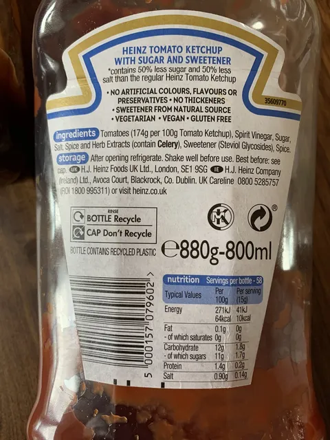 Heinz Tomato Ketchup 50% Less Sugar & Salt 880 g, ingredients of pack