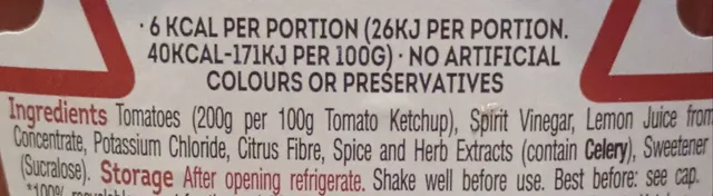 Heinz Tomato Ketchup Zero Added Sugar & Salt 425 g, ingredients of pack