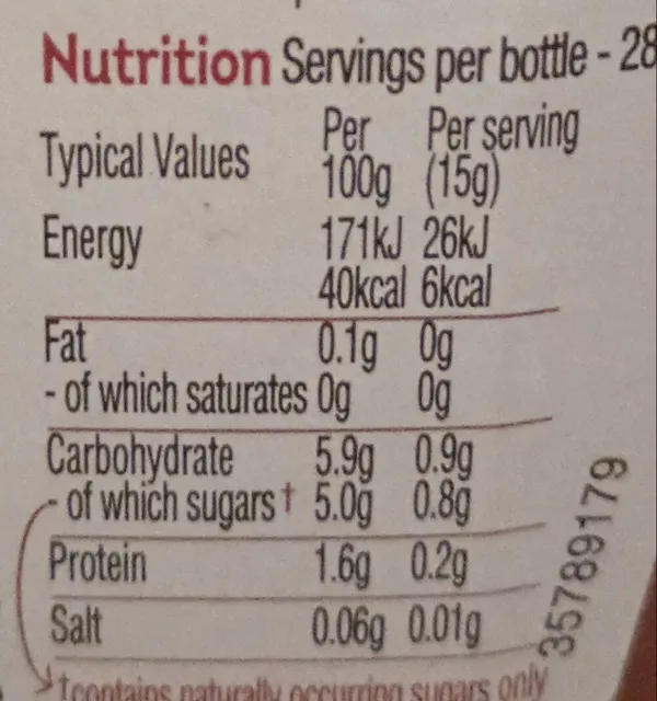 Heinz Tomato Ketchup Zero Added Sugar & Salt 425 g, nutrition of pack