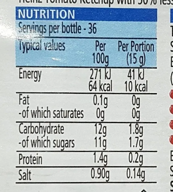 Heinz Tomato Ketchup 50% Less Sugar & Salt 500 ml, nutrition of pack