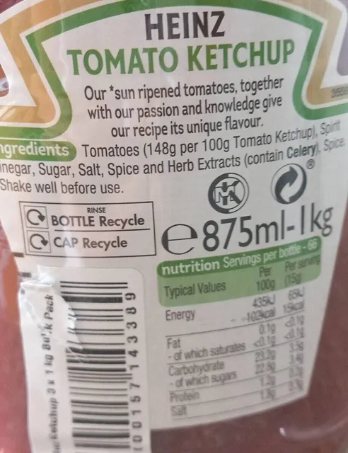 Heinz Tomato Ketchup 3 x 1 kg, nutrition of pack