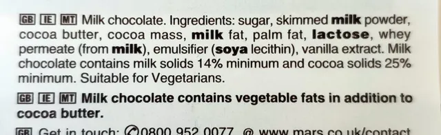 Galaxy Smooth Milk 110 g, ingredients of pack