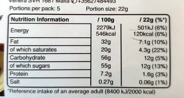 Galaxy Smooth Milk 110 g, nutrition of pack