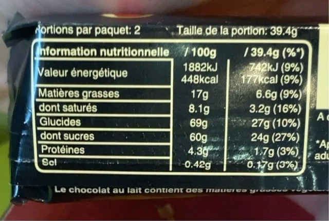 Mars Duo 78.8 g, nutrition of pack