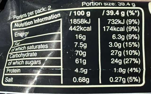 Mars Duo 78.8 g, nutrition of pack
