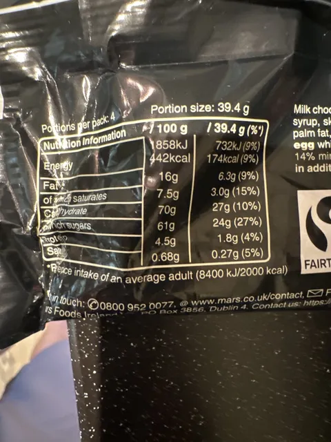 Mars 4 bars, nutrition of pack
