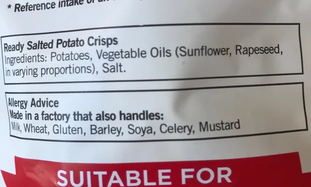 Walkers Ready Salted Crisps 6 × 25 g, ingredients of pack