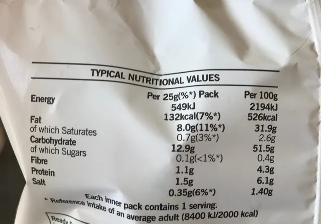 Walkers Ready Salted Crisps 6 × 25 g, nutrition of pack