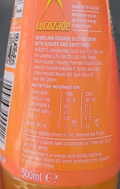 Lucozade Energy Orange 500 ml, nutrition of pack