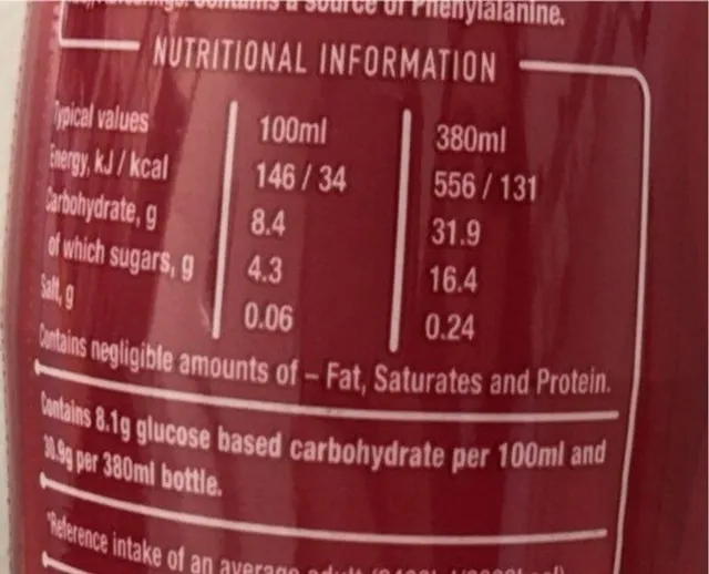 Lucozade Energy Cherry 380 ml, nutrition of pack