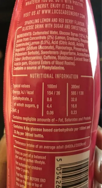 Lucozade Energy Pink Lemonade 380 ml, nutrition of pack
