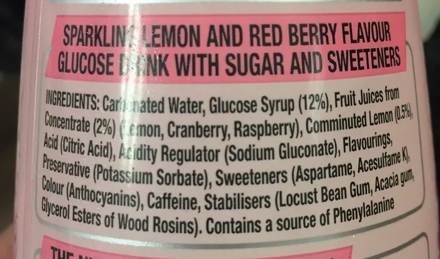 Lucozade Energy Pink Lemonade 500 ml, ingredients of pack