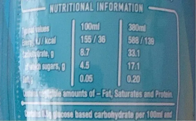 Lucozade Energy Caribbean Crush 380 ml, nutrition of pack