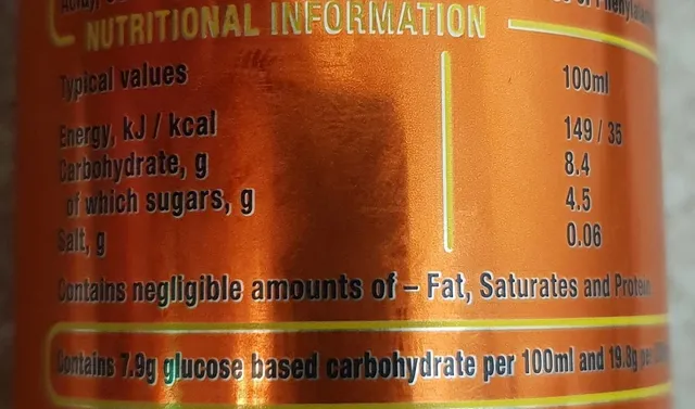 Lucozade Energy Orange 250 ml, nutrition of pack
