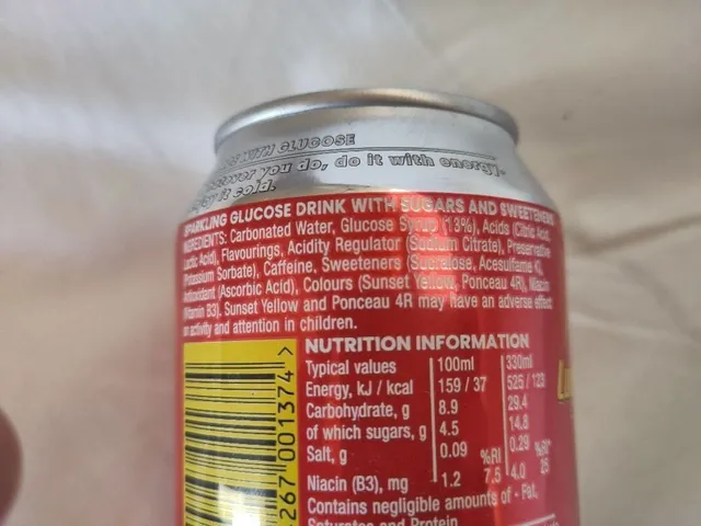 Lucozade Energy Original 330 ml, ingredients of pack
