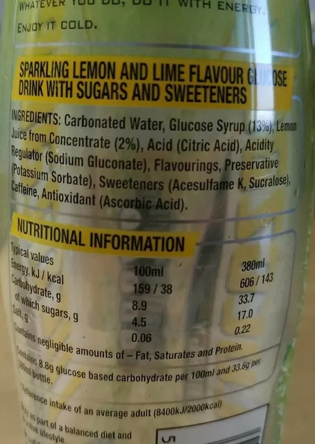 Lucozade Energy Citrus Clear 380 ml, nutrition of pack
