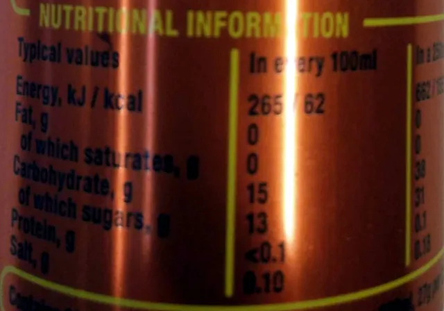 Lucozade Energy Orange 250 ml, nutrition of pack