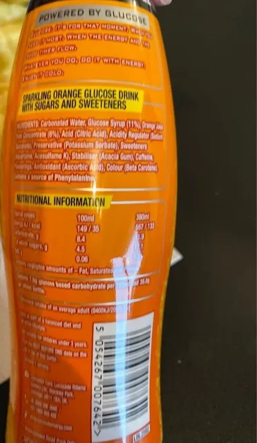 Lucozade Energy Orange 380 ml, nutrition of pack