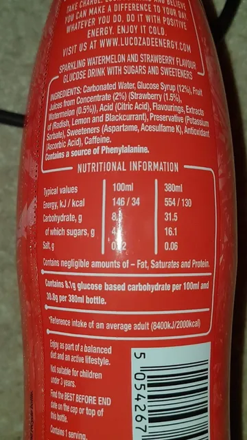 Lucozade Energy Watermelon & Strawberry Cooler 380 ml, nutrition of pack