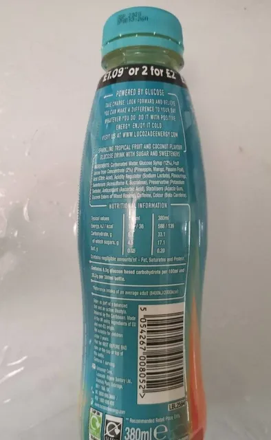 Lucozade Energy Caribbean Crush 380 ml, nutrition of pack